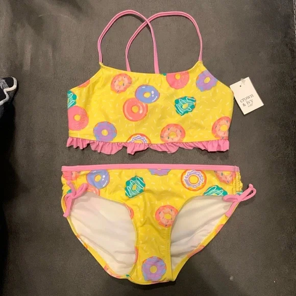 Crown & Ivy Kids Two Piece Swim Suit Bikini Donut Print Ruffles Size 14 - Picture 2 of 7